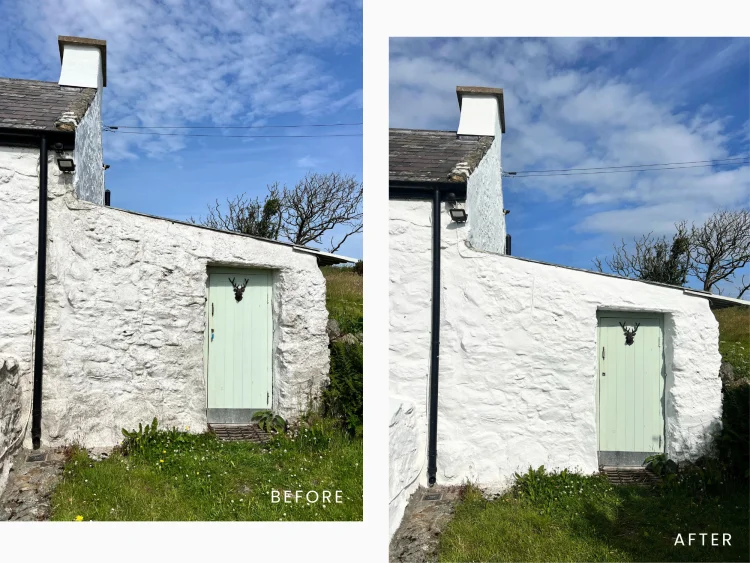 A before and after comparison of Bria's white house when painted