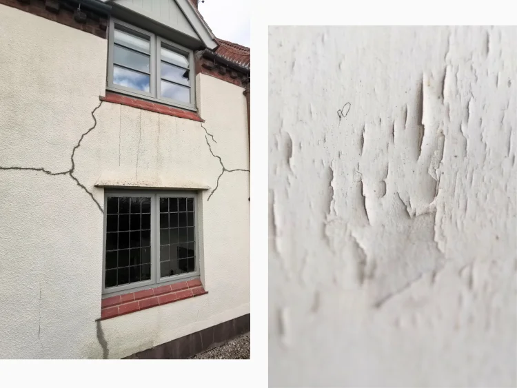 A house that has been damaged by water seeping into the wall