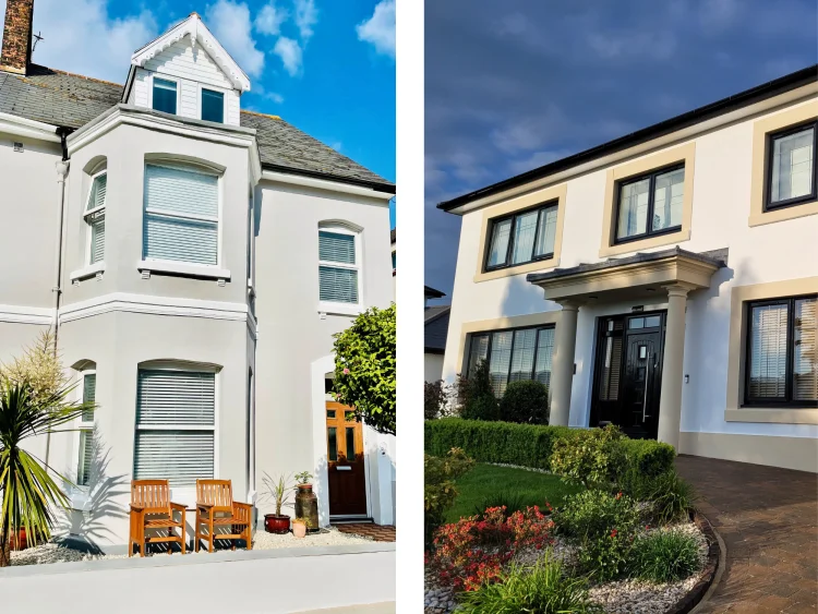 A light grey house and a white house that have both been recently painted