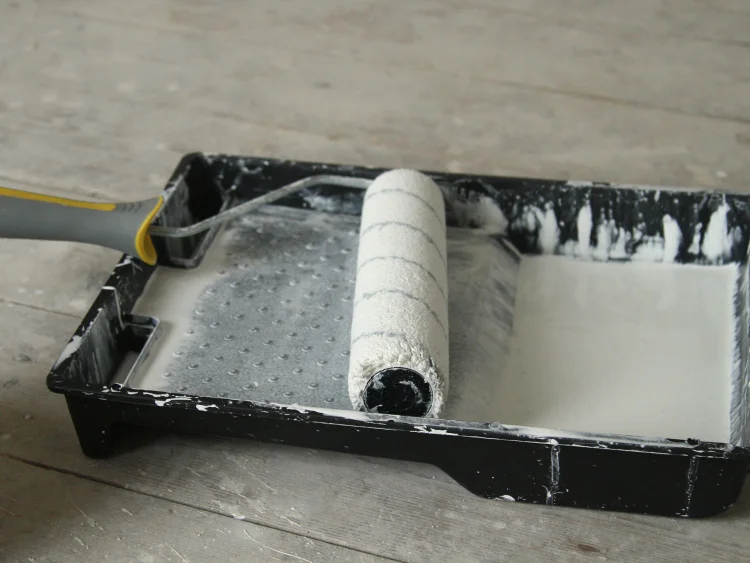 A roller tray with a paint roller and white paint