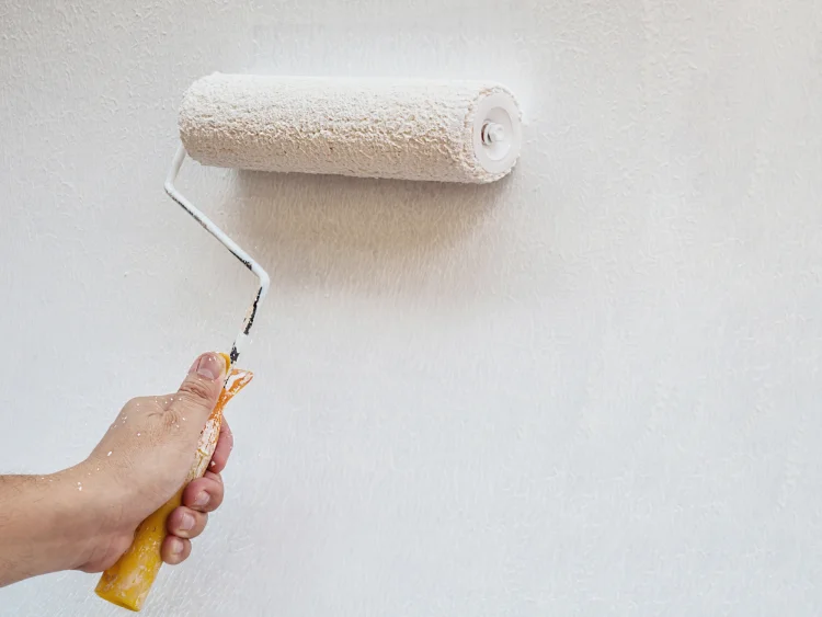 Applying masonry paint to a wall