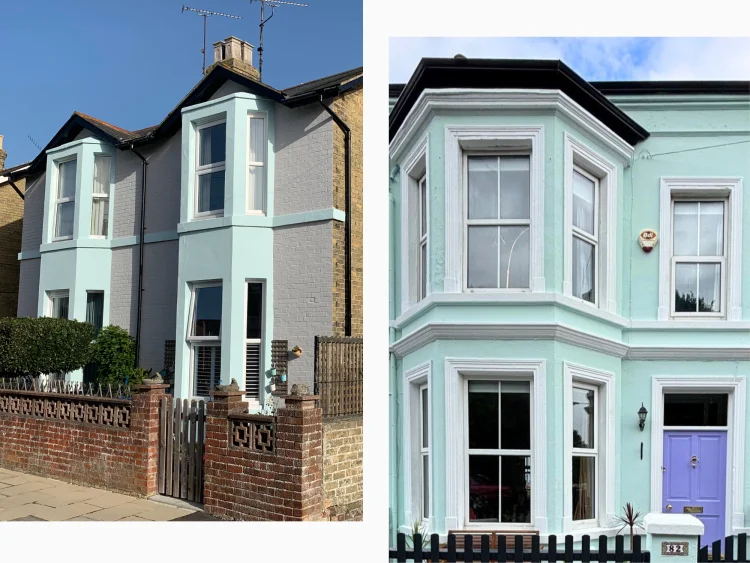 Houses painted with blue masonry paint