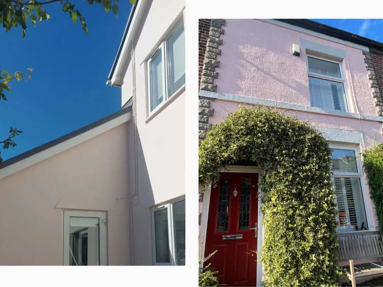 Houses painted with pink masonry paint