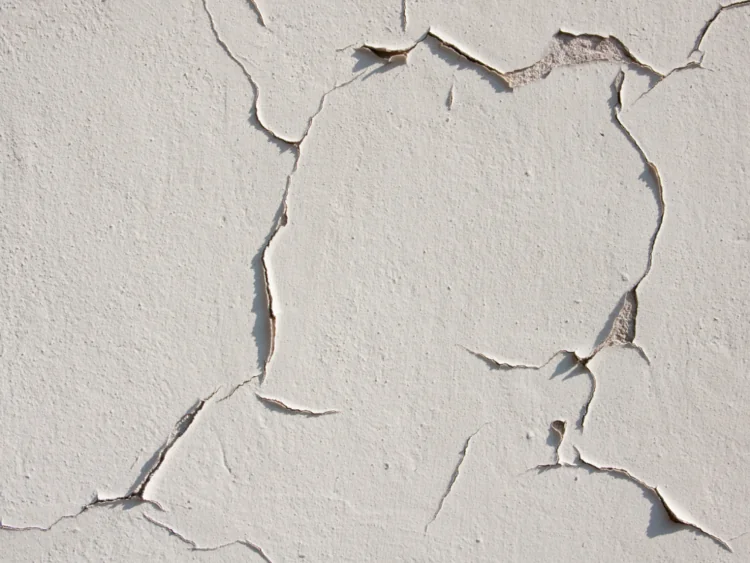 Peeling exterior paint on a rendered white wall