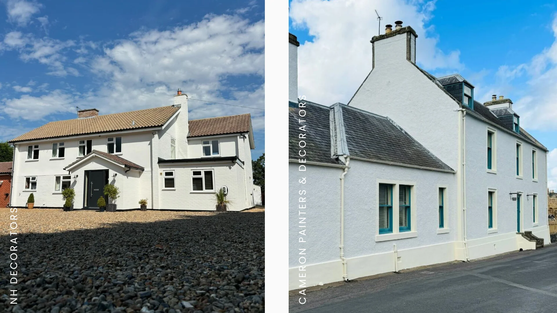 Two houses painted with Heritage White masonry paint