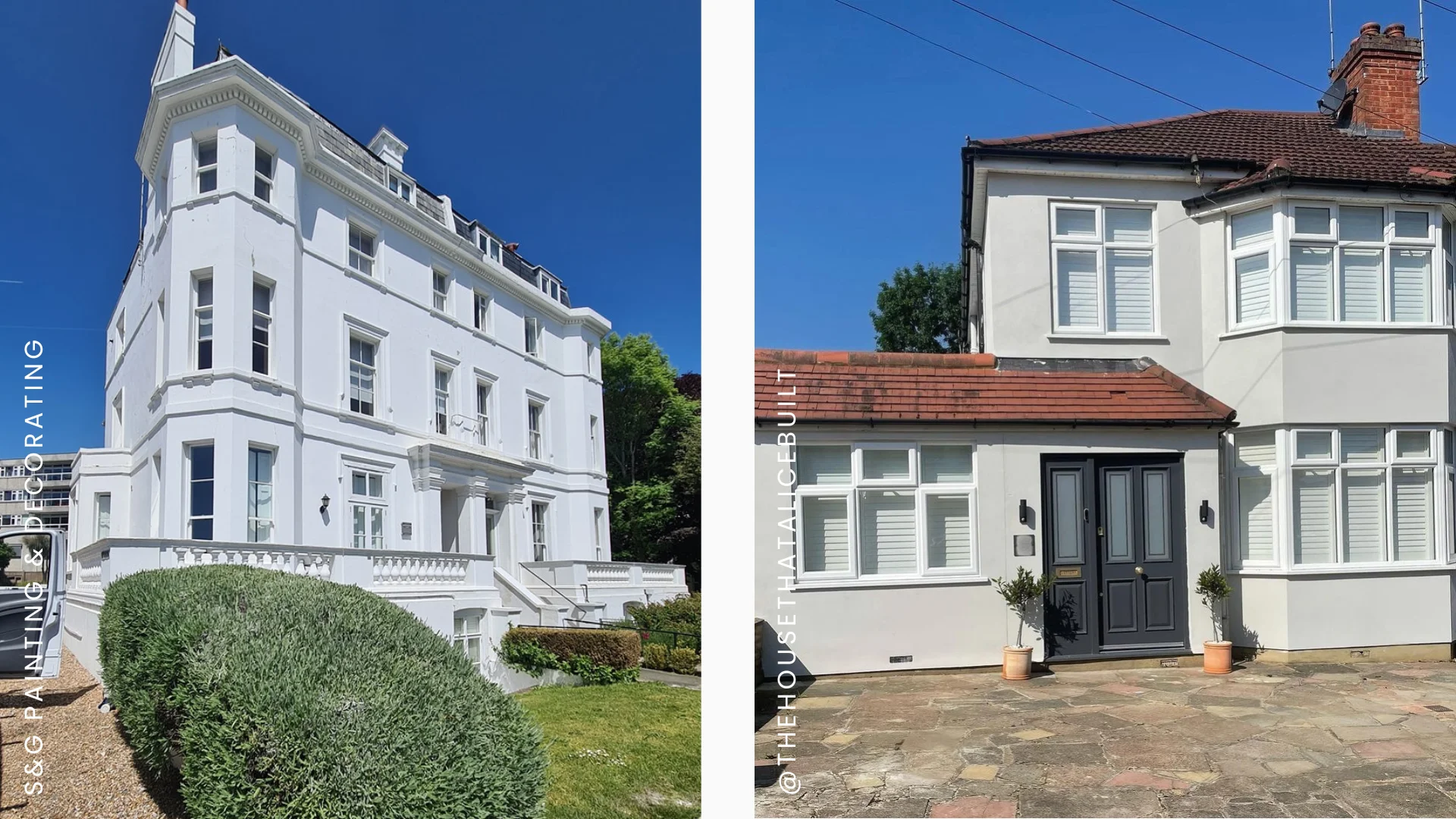 Two houses painted with Light Grey masonry paint