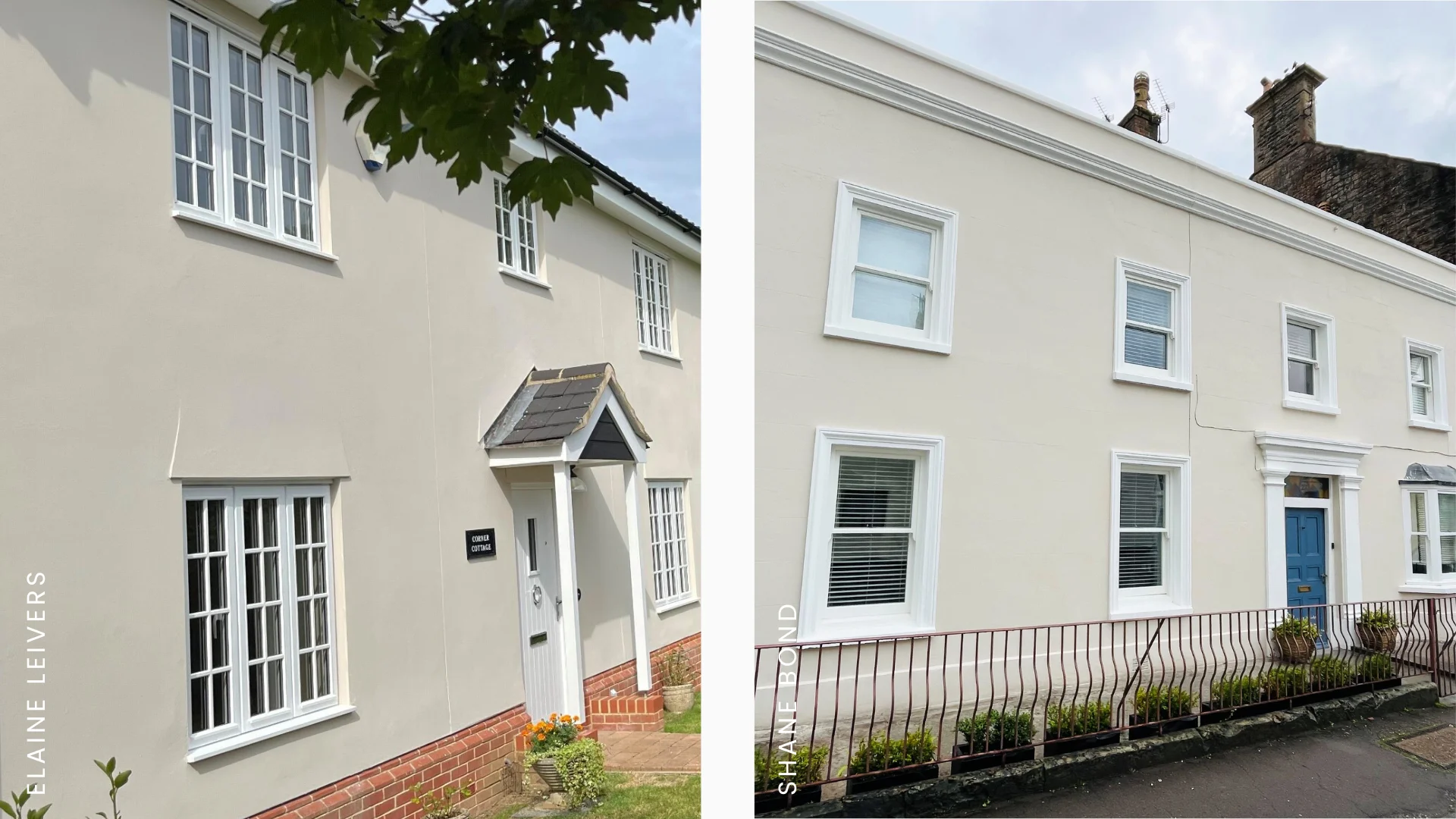 Two houses painted with Mushroom masonry paint