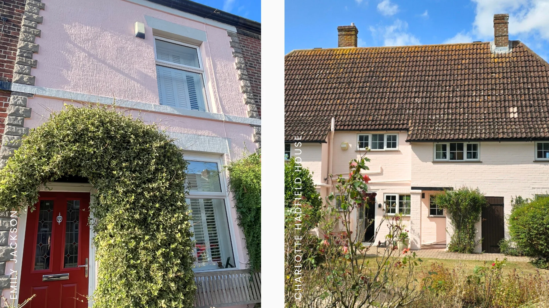 Two houses painted with Rose Pink masonry paint