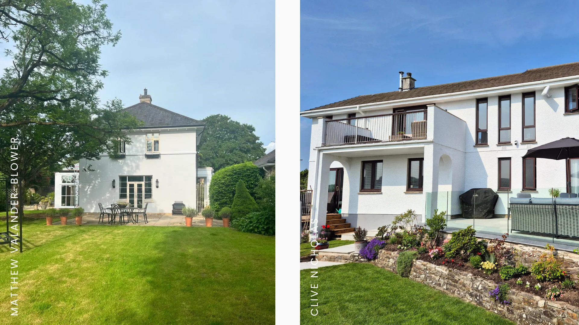 Two houses painted with Smokey White masonry paint
