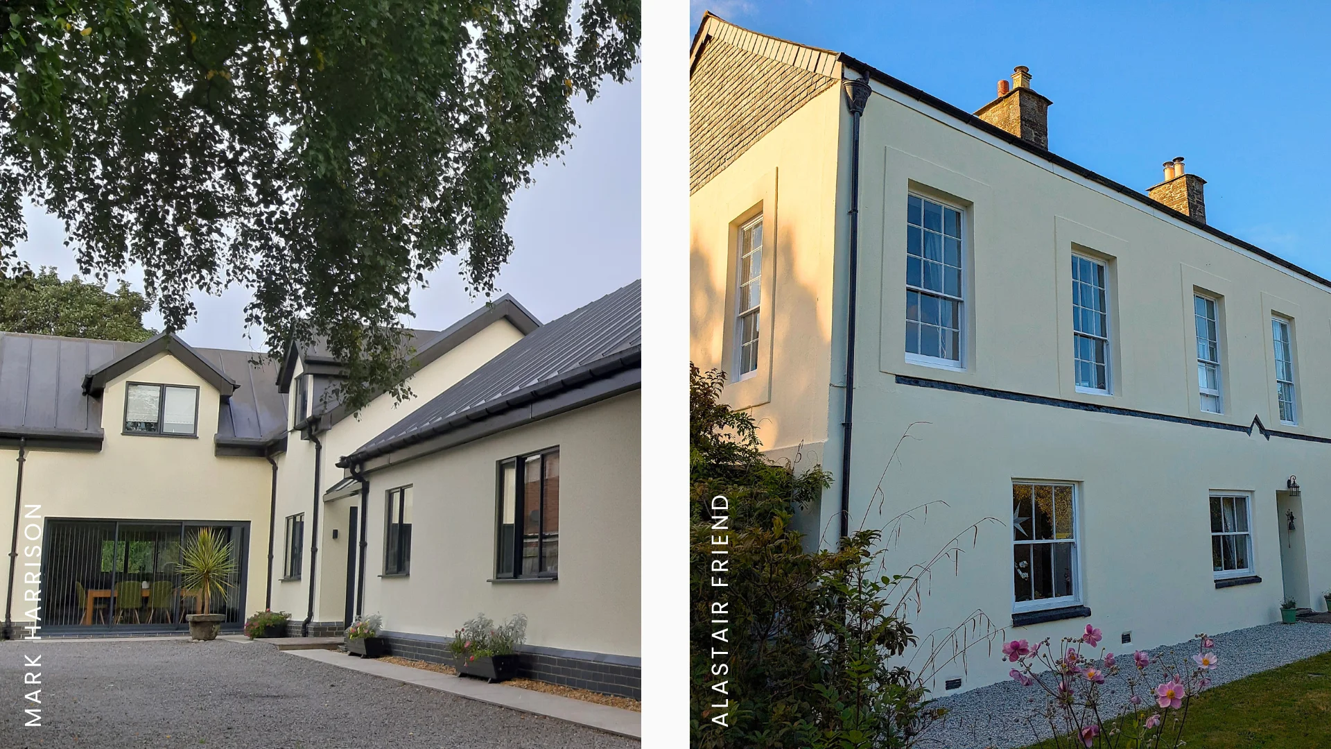 Two houses painted with Witney Cream masonry paint