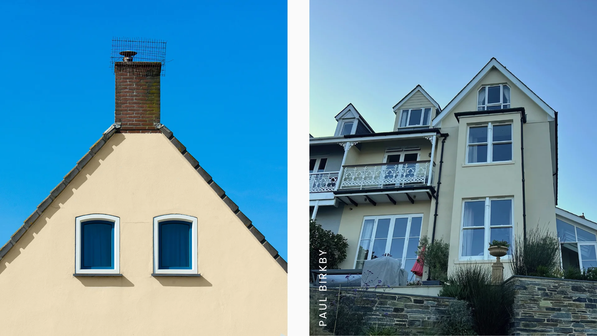 Two houses that have been painted using beige masonry paint