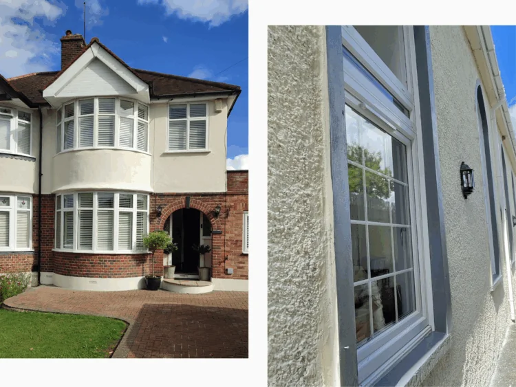 Two pebbledash houses painted with neutral colours of paint