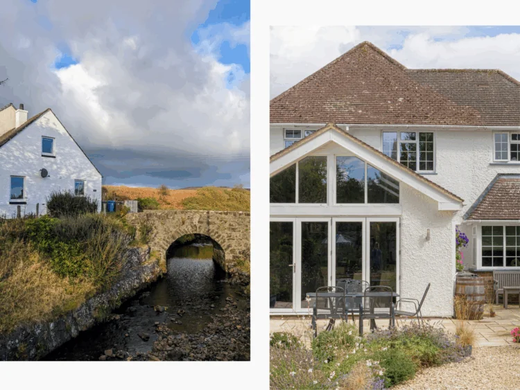 Two pebbledash houses painted with white paint